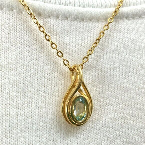 Gold Plated Faux Aquamarine Pendant 18in Trace Chain Necklace March Birthstone - Picture 7 of 13